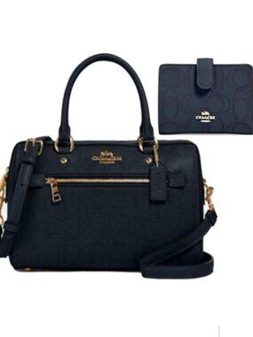 Rowan Signature Canvas Leather Satchel & Corner Zip Wallet Blue/Midnight BUNDLE